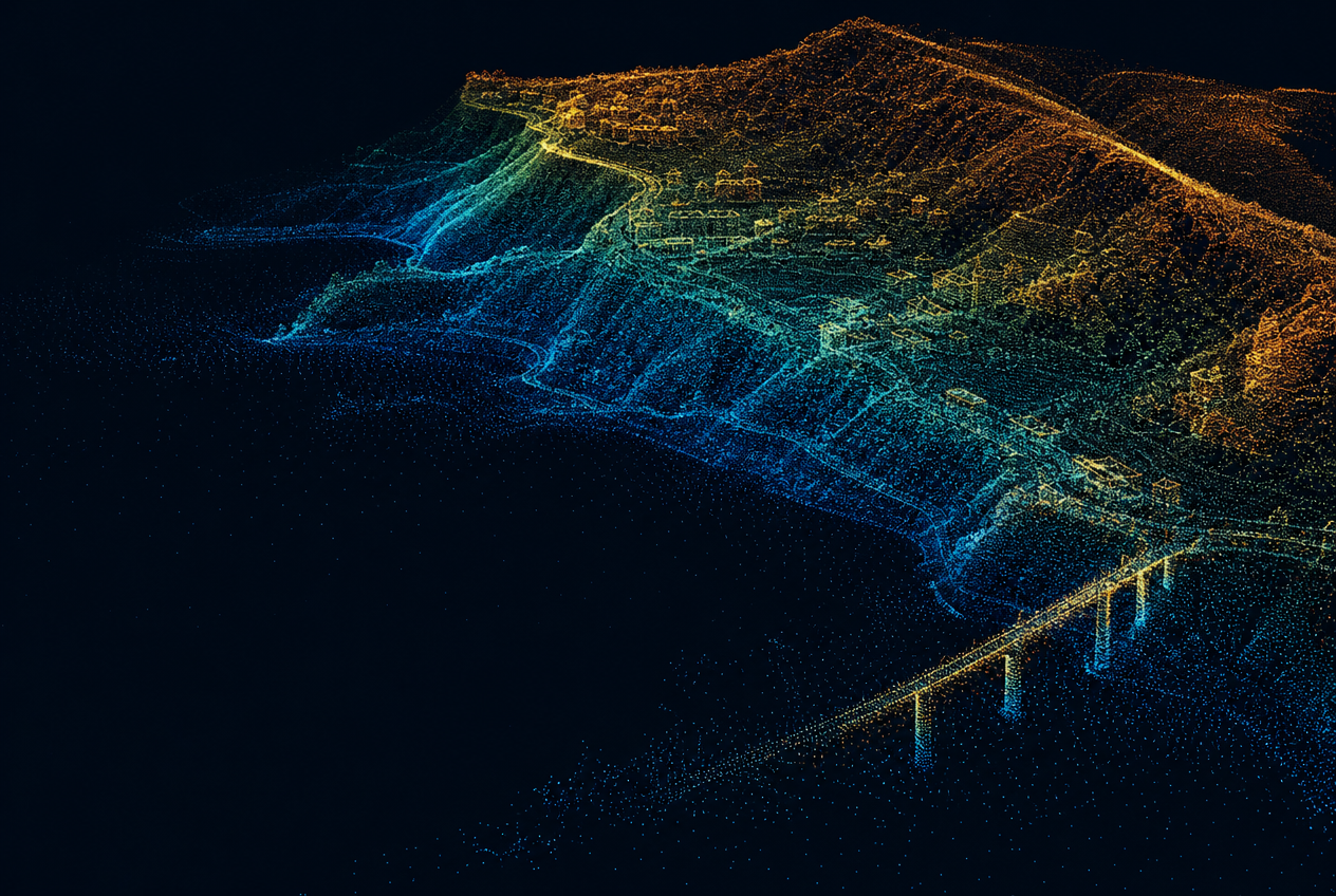 Nuvola di punti LiDAR a colori di un versante con edifici, strade e un ponte infrastrutturale