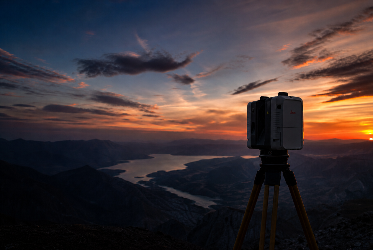 Laser scanner Leica RTC360 in quota al tramonto durante un rilievo